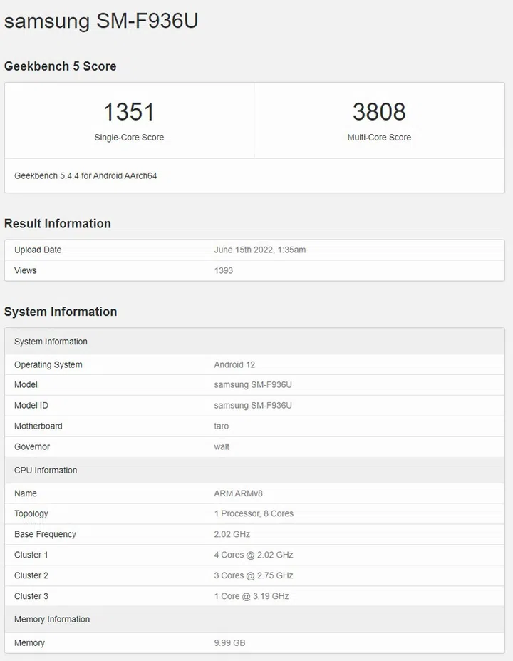 Screen capture of Samsung "SM-F936U" from Geekbench 5.