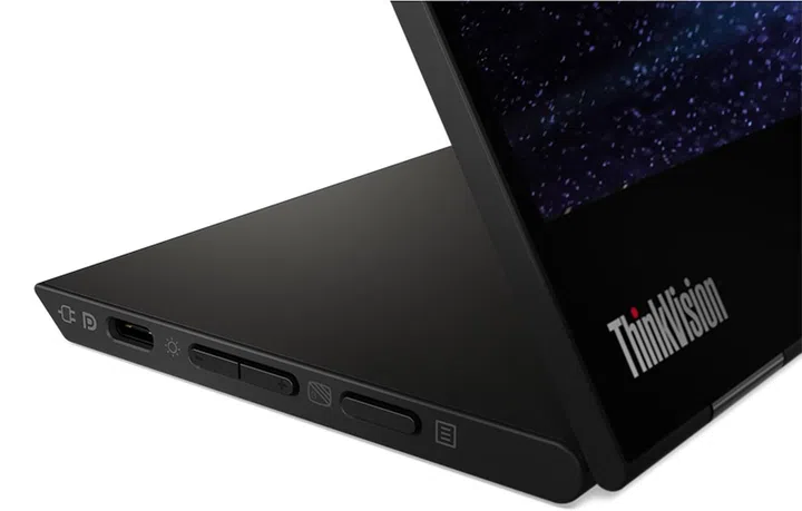 Close-up of the ThinkVision M14t ports and controls.