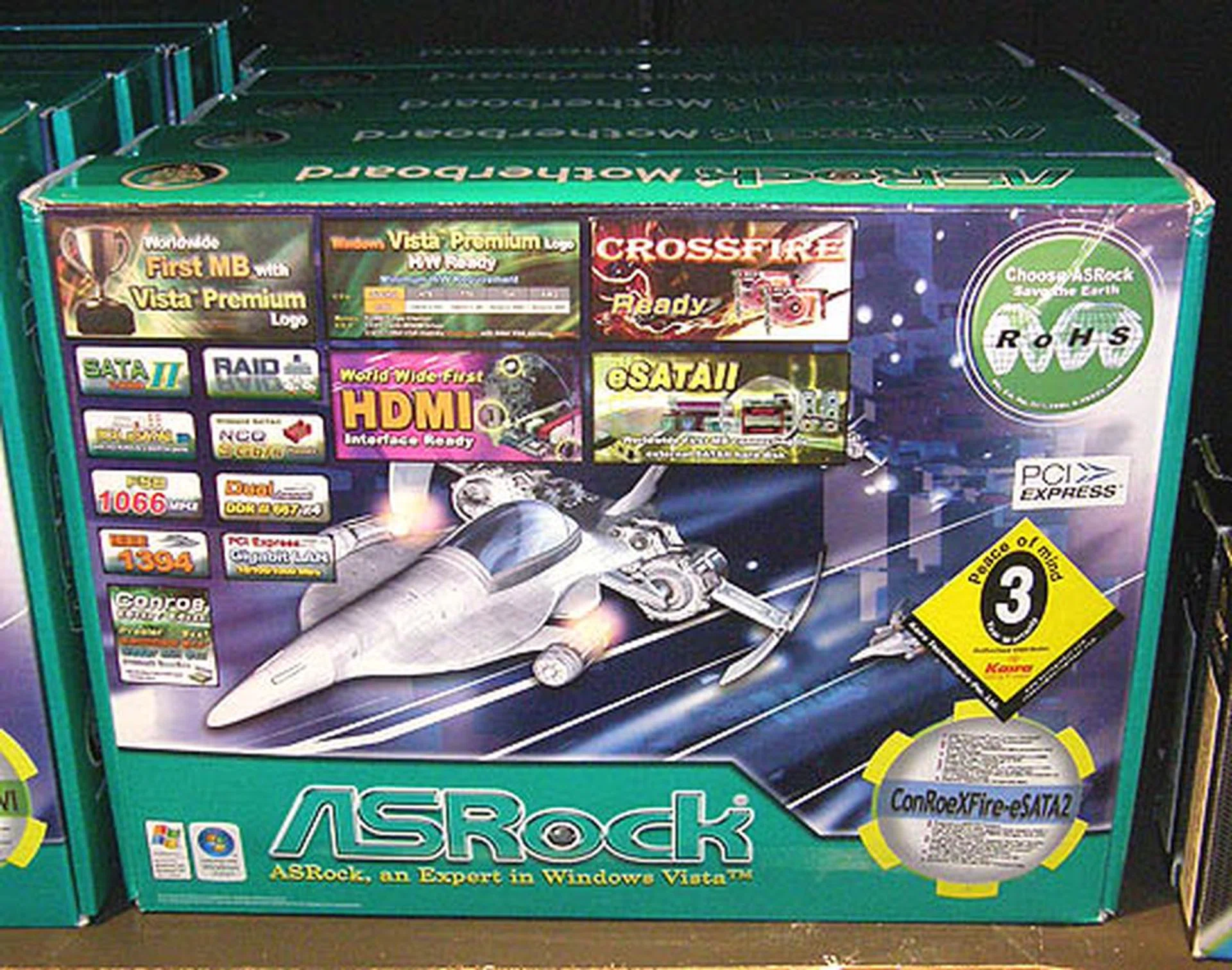  Definitely a board for those who like to keep their options open, the ASRock ConRoe Xfire e-SATA 2 supports everything from Pentium and Celeron D to Intel Core 2 Duo. It's also CrossFire ready and proudly carries the Windows Vista Premium logo.  