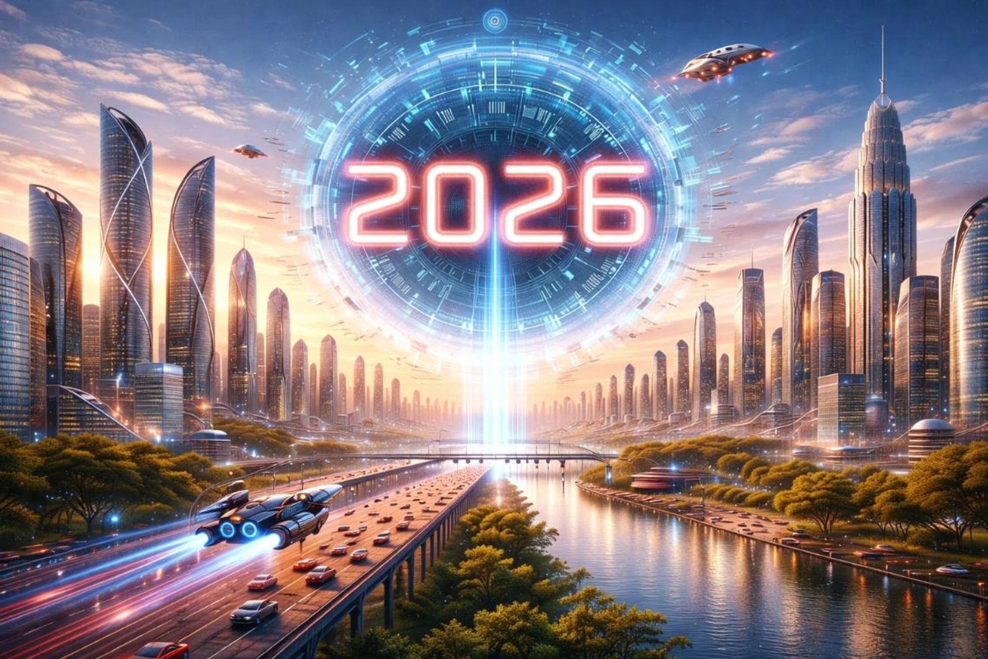 A futuristic cityscape with 2026 in the middle