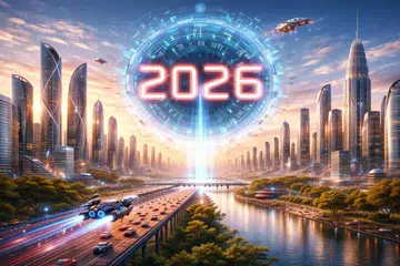 A futuristic cityscape with 2026 in the middle