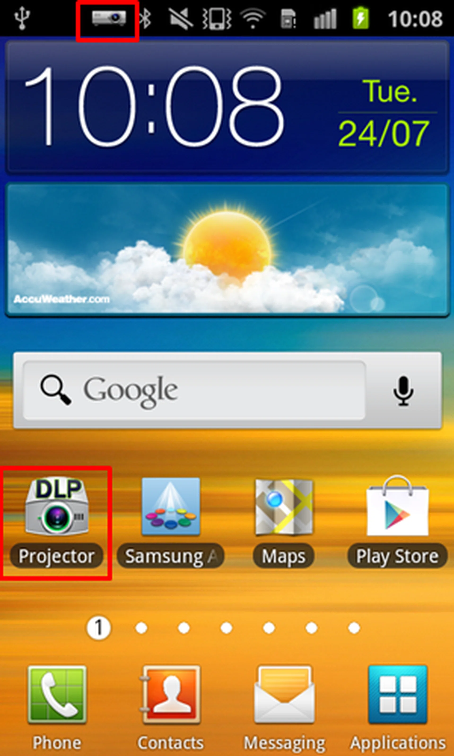 Click on the Projector app to access the Samsung Galaxy Beam's key features. You can activate the projector via the app or by long pressing the dedicated button on the phone's right profile. The icon at the top of the screen indicates that the projector is currently turned on.