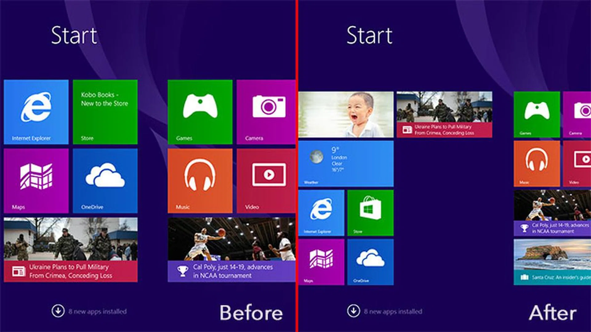 Before and after 'Show more tiles on the Start screen’ is enabled.