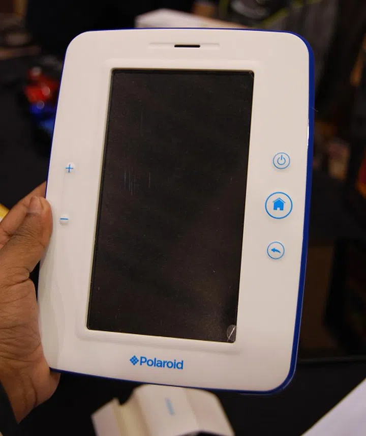 The Polaroid Kids Tablet sports a rugged rubberized frame and big buttons for easy access.