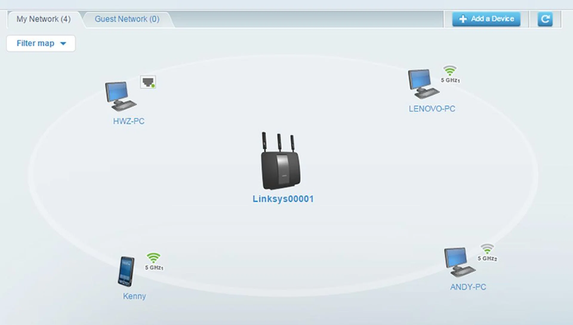 Smart Connect at work. Notice how "Lenovo-PC" and "Andy-PC" have been assigned to two different 5GHz bands.