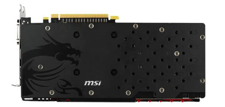 The MSI R9 390 and 390X Gaming 8G feature a solid metal backplate with the MSI dragon insignia. (Image Source: MSI)
