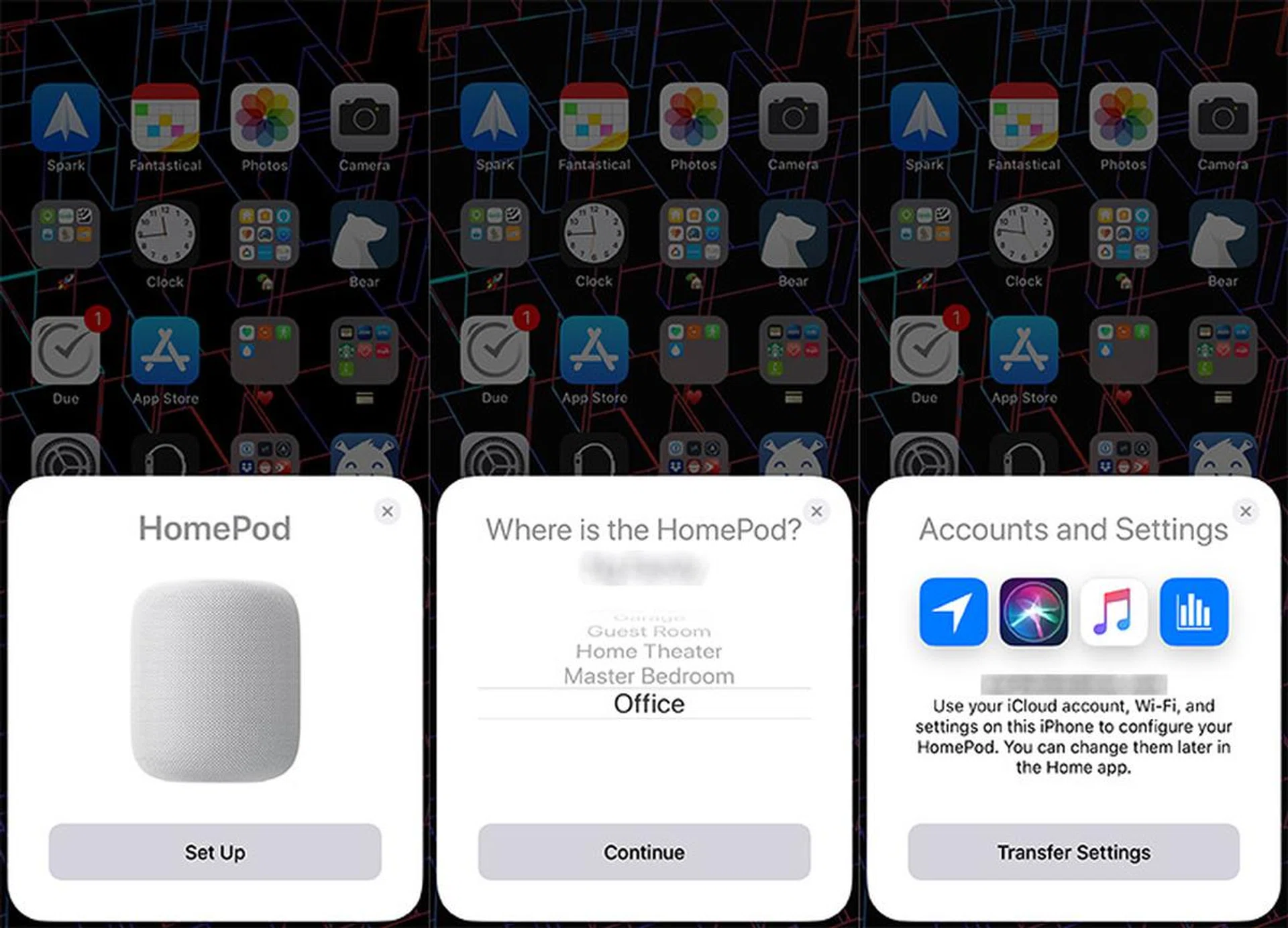 Here's three of the eight screens you need to tap through when setting up the HomePod for the first time.