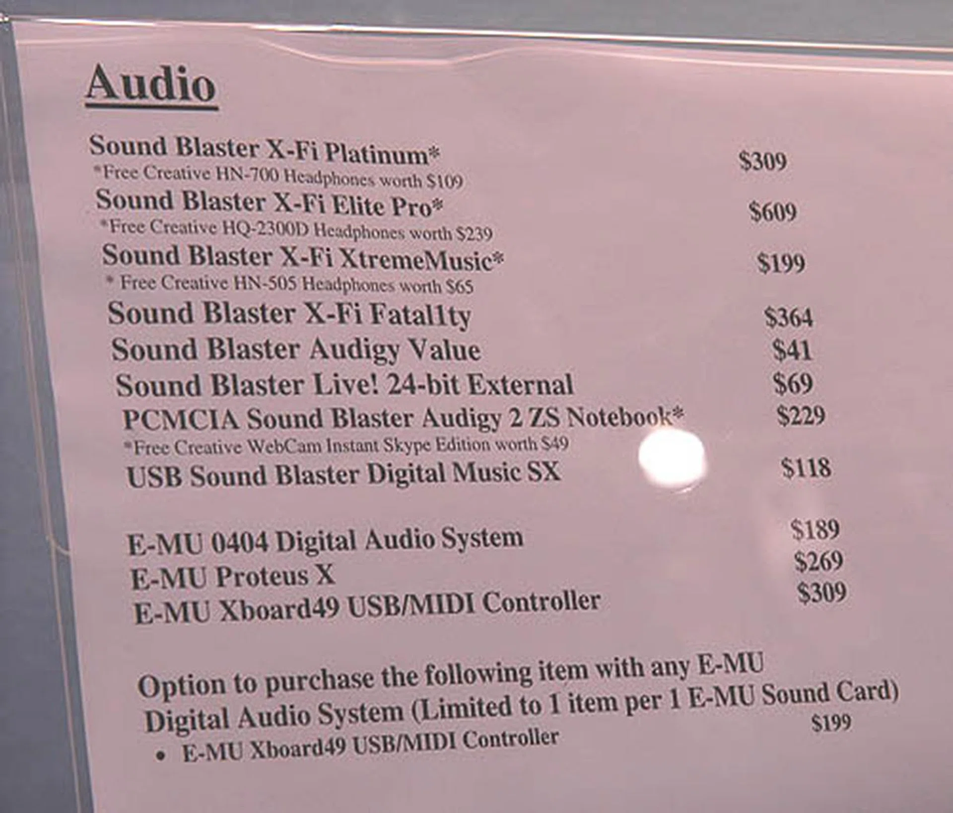 A price list for its popular sound cards, including the professional oriented EMU range. 