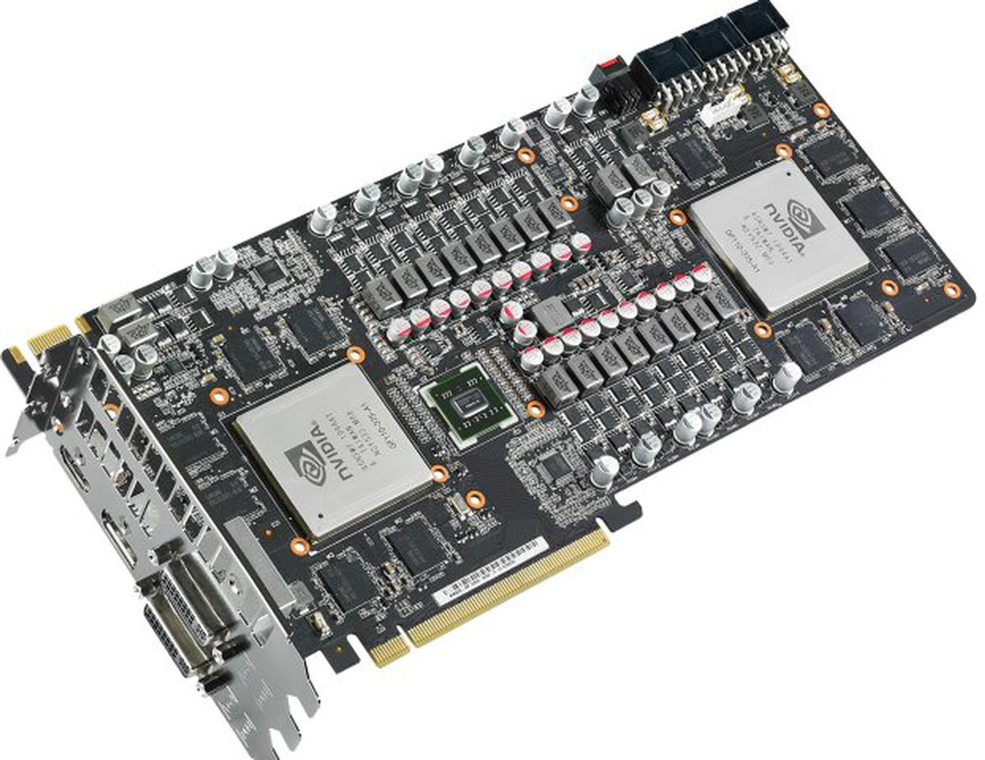 Here's a close-up of the Mars II graphics card - courtesy of ASUS. The bulk of the middle of the card consists of the chokes, MOSFET drivers and more for the 21-phase power circuitry design. Also notice the triple 8-pin PCIe power connectors.