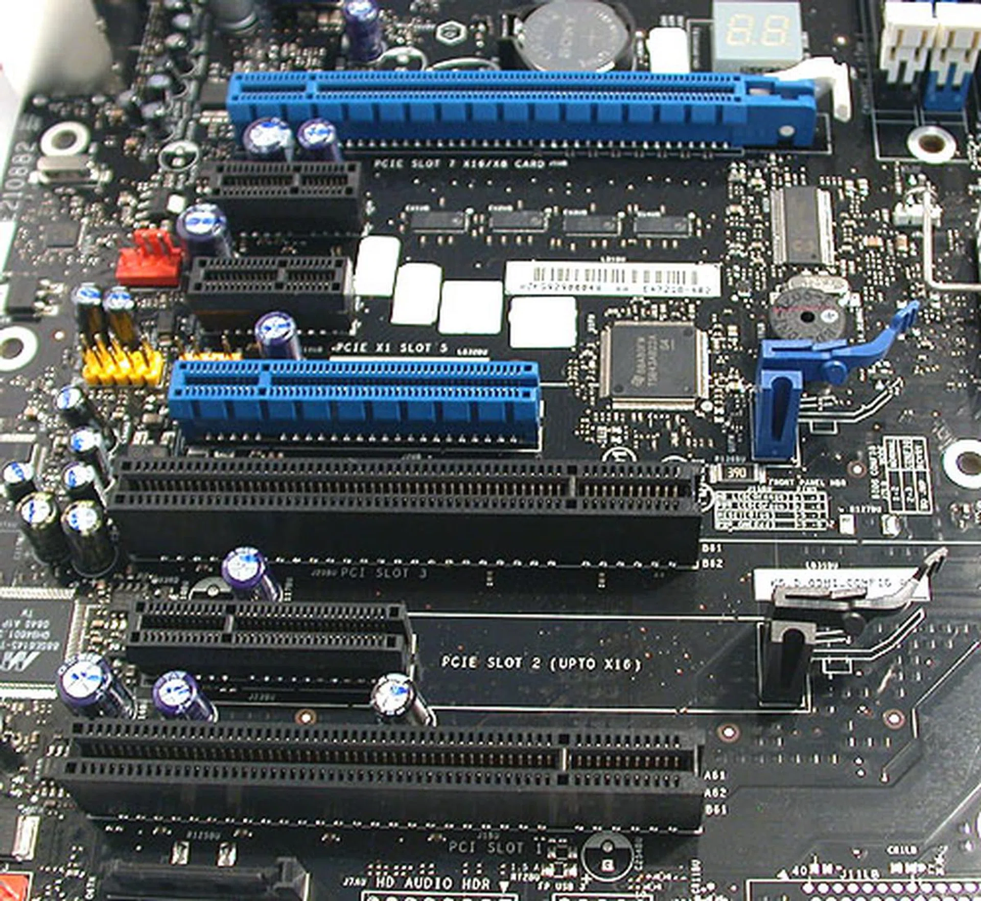 Another sign that the P55 is geared for the mainstream is the fact that it only supports a maximum of two graphics card in CrossFire or SLI mode. Also, when two cards are installed, they are both running at x8 each.