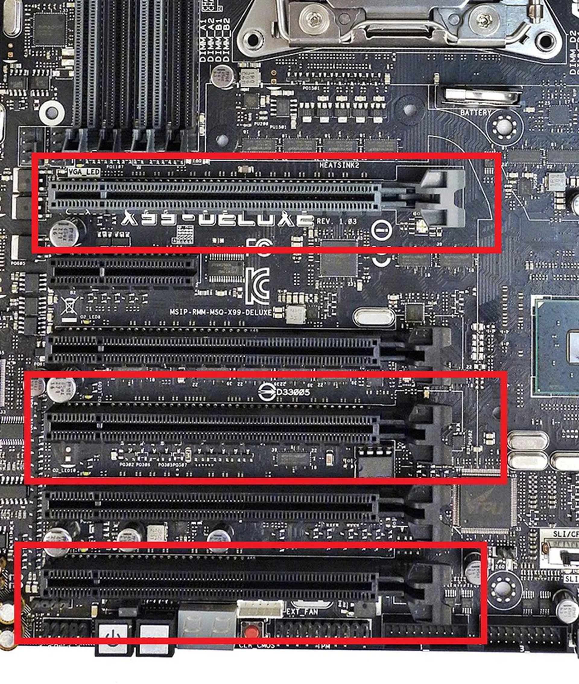 Slots PCIEX16_1 and PCIEX16_3 will operate at x16 mode, while PCIEX16_5 will operate at x8 mode in a 3-way multiple graphics cards setup.
