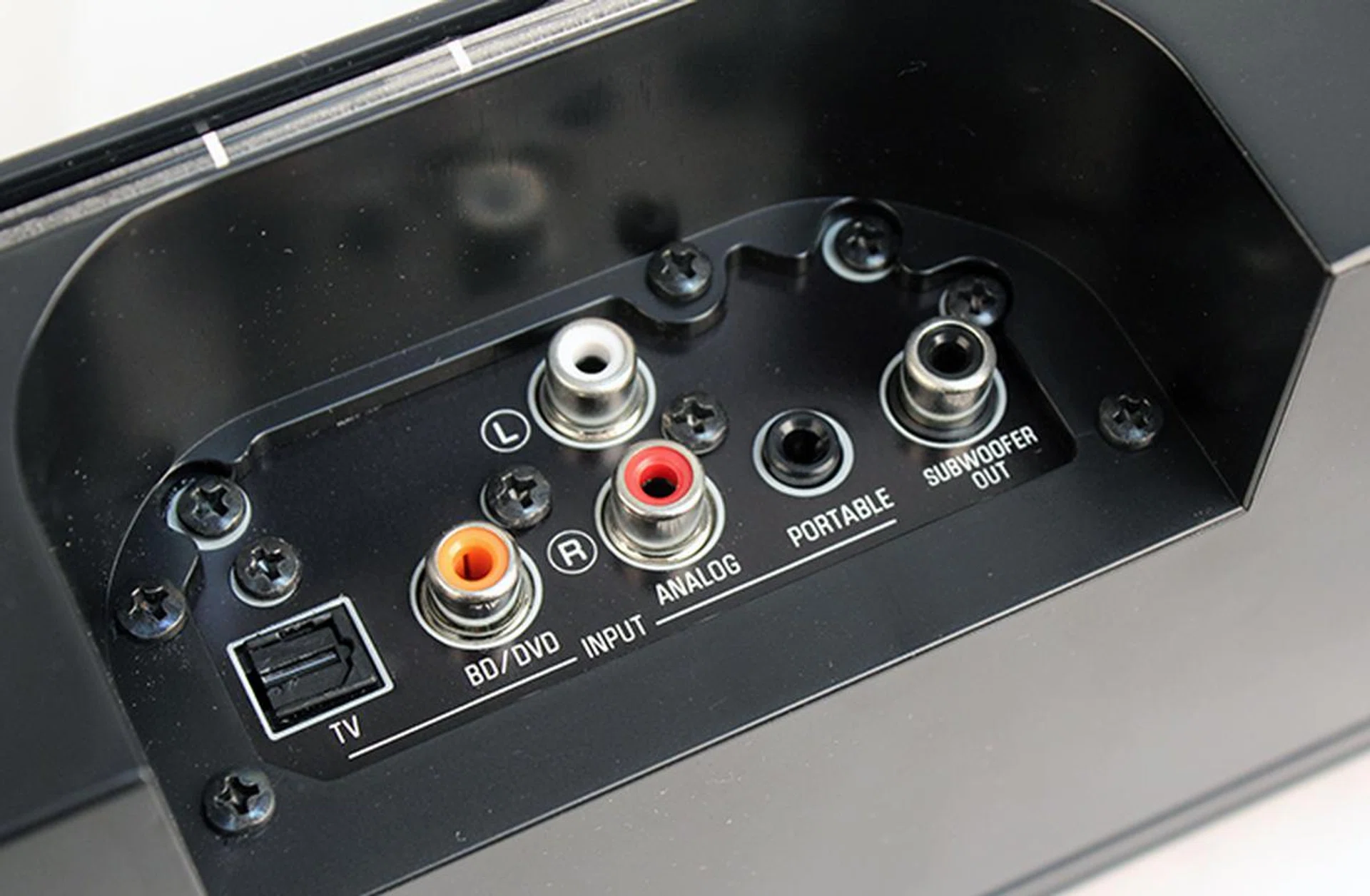 From left to right: digital optical (or TOSLINK), digital coaxial, RCA, 3.5mm jack and a subwoofer out jack.
