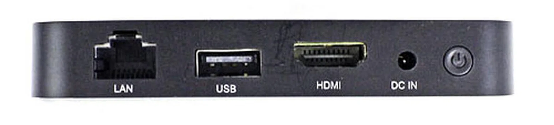 On the rear you get a 10/100Mbps Ethernet port, one USB 2.0 port, and an HDMI 1.3 port, with the power jack and a round power button at the extreme right.
