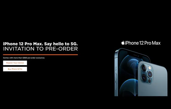M1's invitation to pre-order the iPhone 12 Pro Max, as seen at its website.