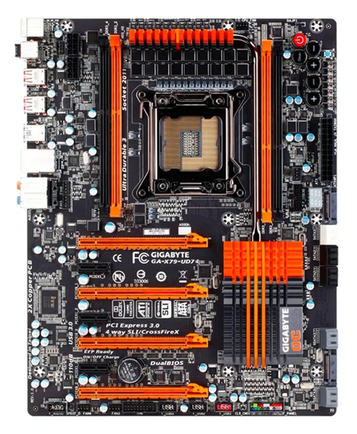 The X79-UD7 is the most outstanding of the UD family of boards here, all thanks to its bright orange hue set against the black backdrop of the PCB.