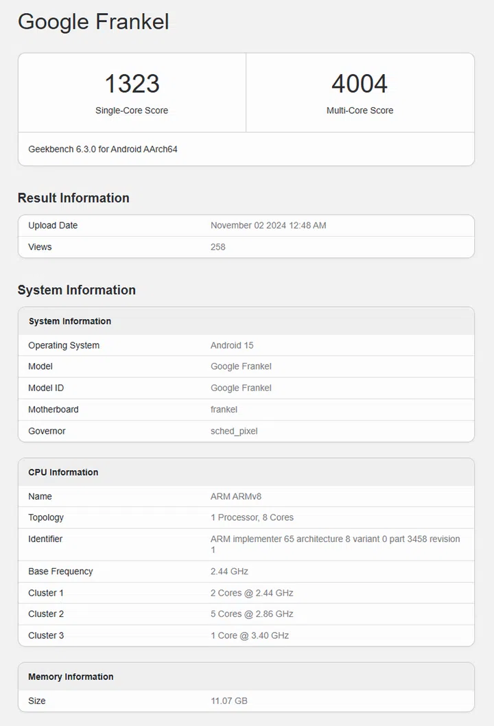 Geekbench 6's result page for the Google Frankel. Click here to visit the page. Screenshot: Geekbench / HWZ.