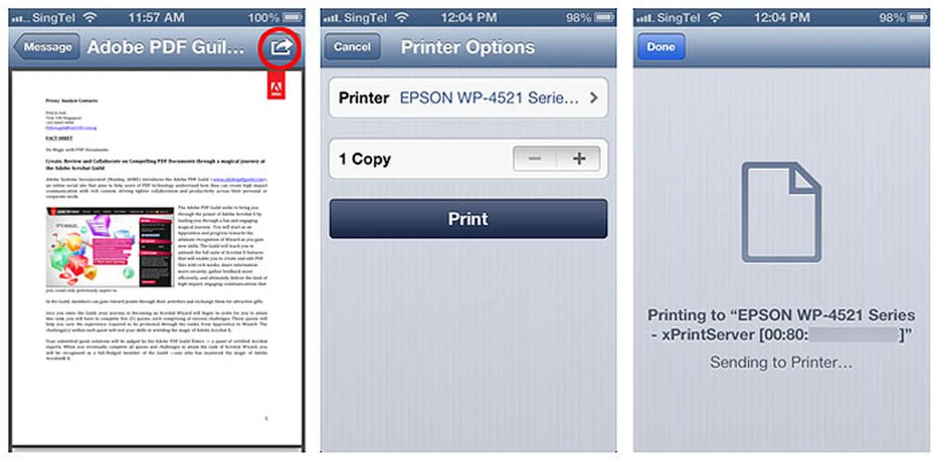 The xPrintServer detected our Epson WorkForce Pro WP-4521 AIO printer correctly. From then on, we literally just needed to tap to print.