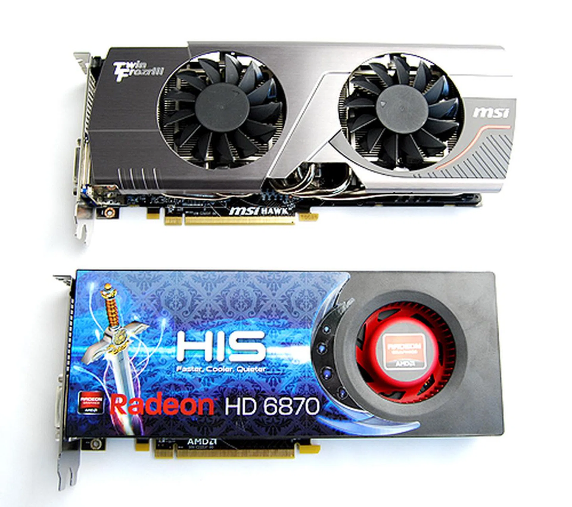 The MSI R6870 Hawk is about the same length as the reference card, but it looks much beefier thanks to its Twin Frozr III cooler.