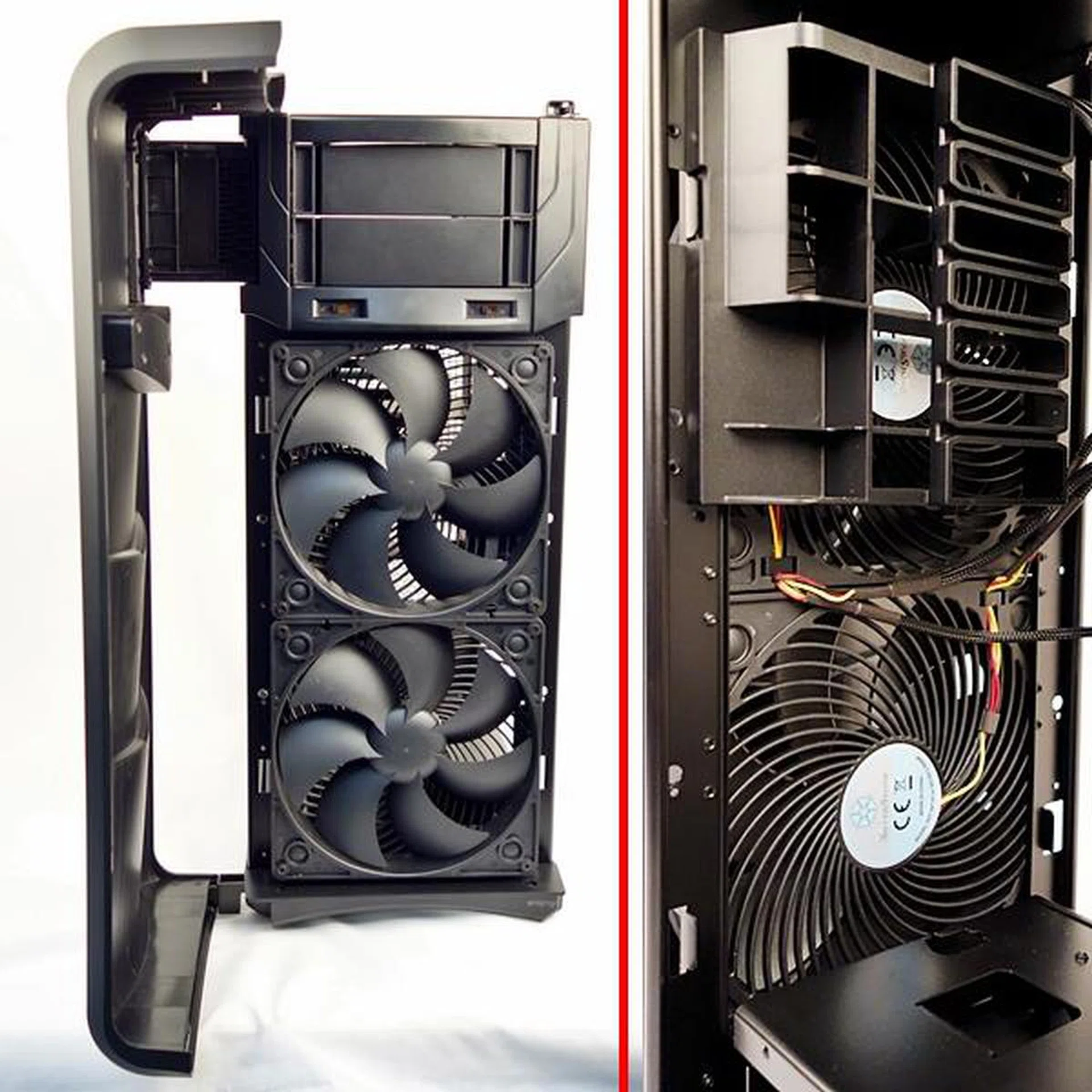 The pair of 180mm intake cooling fans of the chassis, after removing the 3.5-inch drive enclosure, and a portion of the front panel.