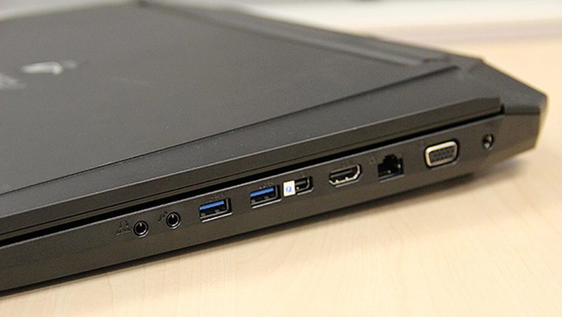 On the right, there's two more USB 3.0 ports, a Thunderbolt port, HDMI and VGA video outputs, an Ethernet jack, headphones and microphone jacks.