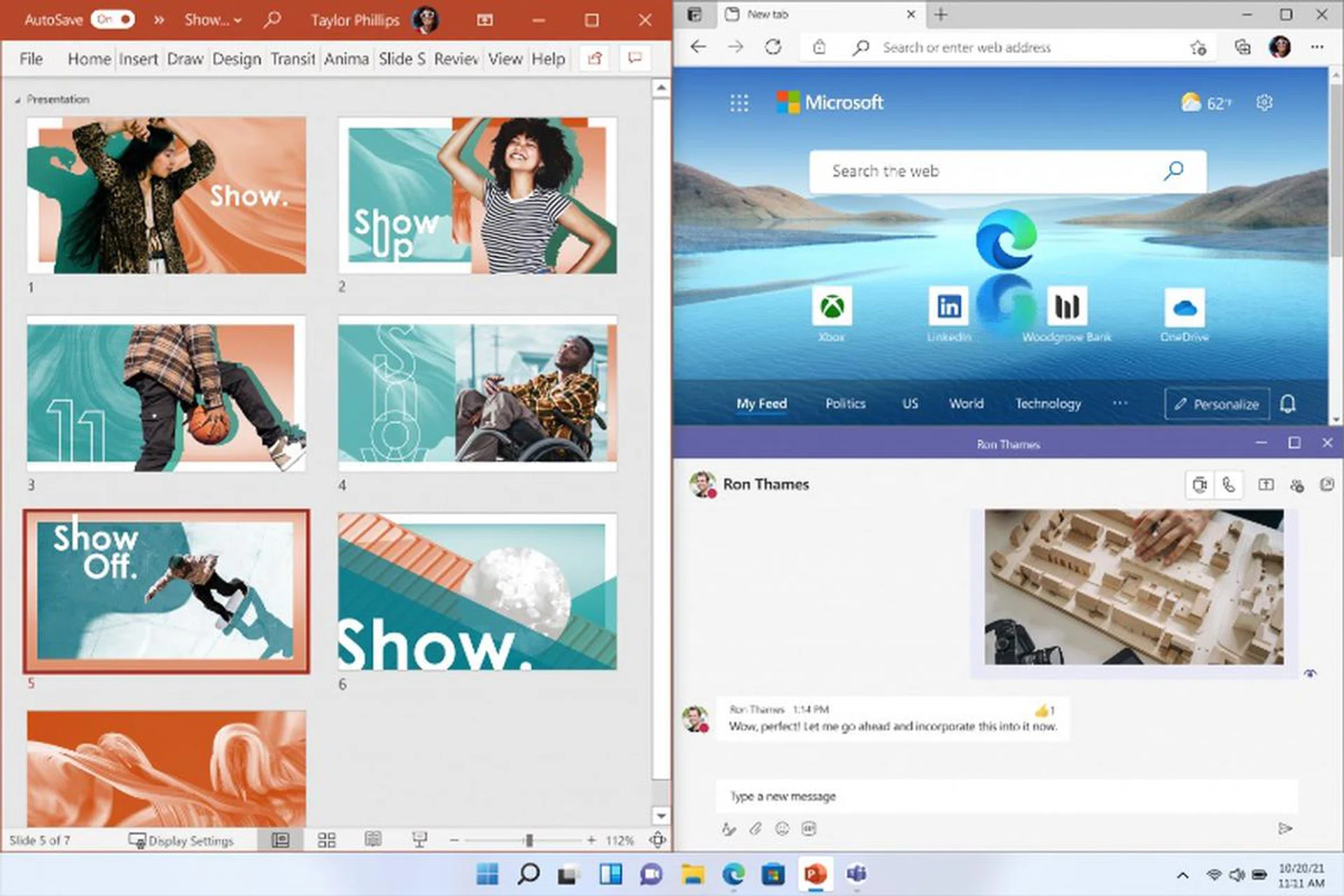 Hovering over a Layout icon in the Taskbar will call up the Windows grouped within. Image courtesy of Microsoft. 