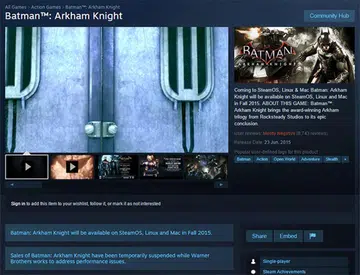 Batman: Arkham Knight has garnered mostly negative reviews on Steam.