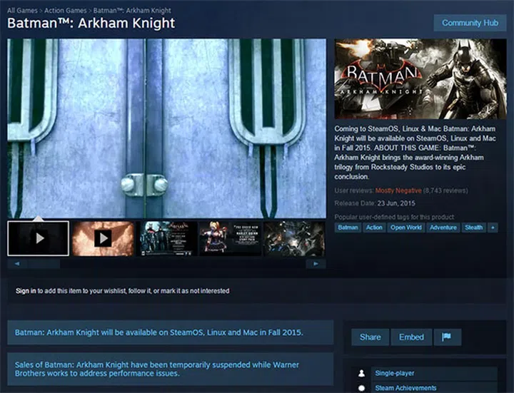 Batman: Arkham Knight has garnered mostly negative reviews on Steam.