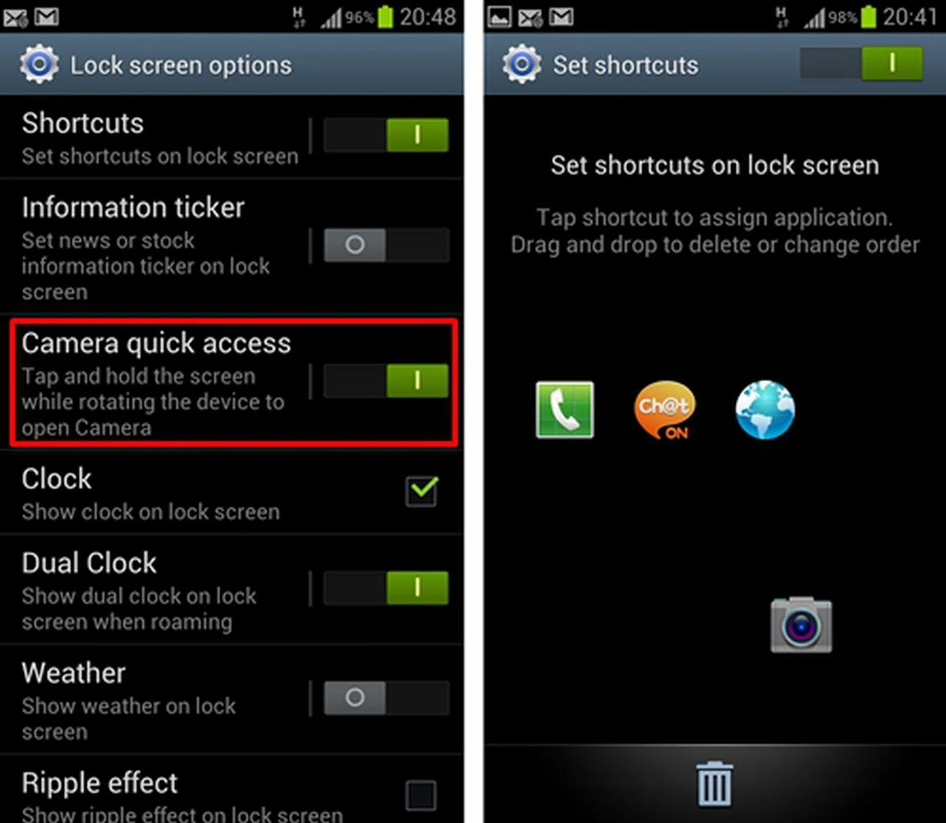 In the absence of a physical button, Samsung has come up with a quick solution that will help users access their camera from the lock screen just the same. Shortcuts on the lock screen can be customizable so if the quick access feature has been enabled,  you can ditch the camera shortcut for another.