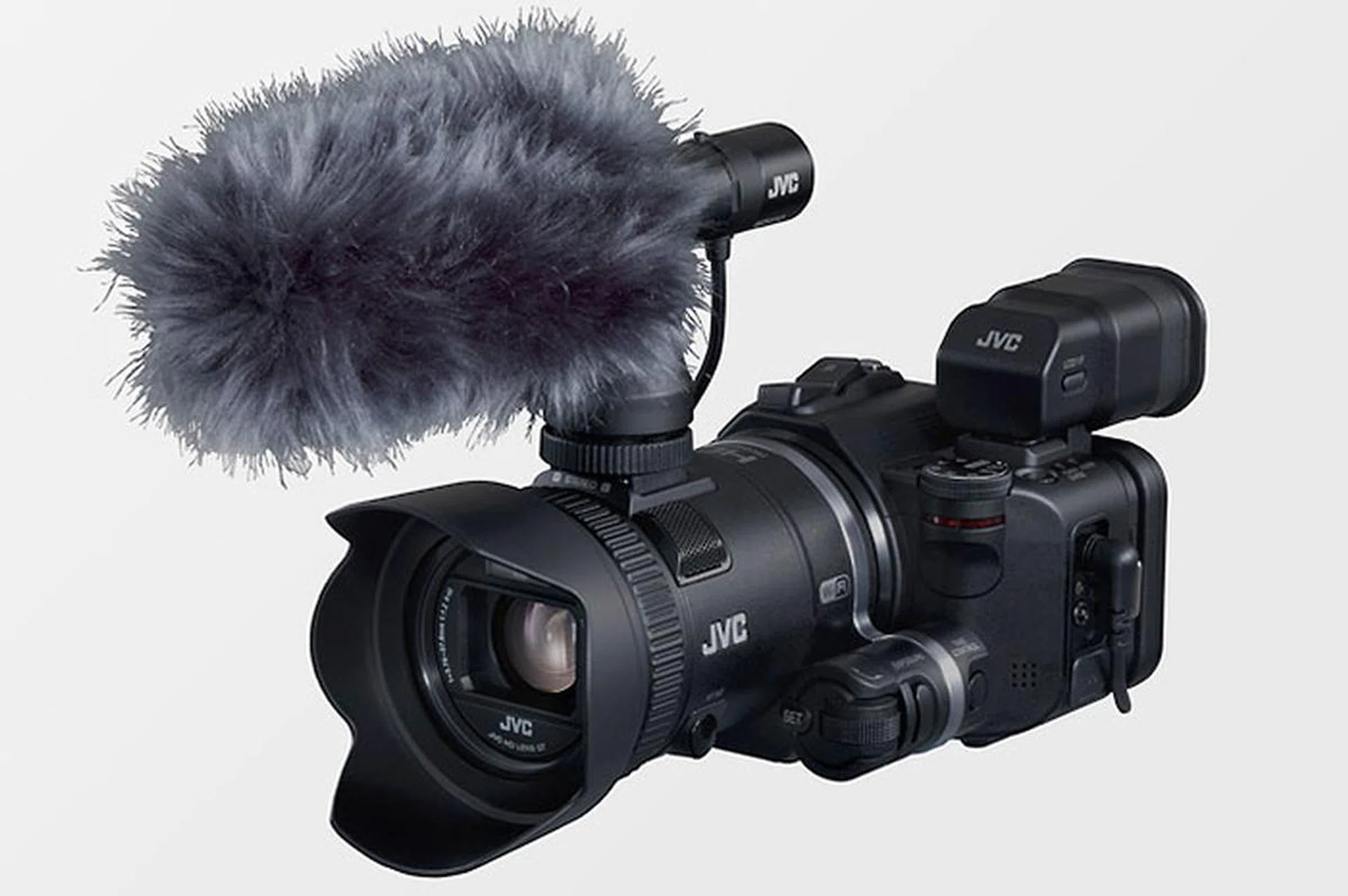 The JVC GC-PX100B with the optional stereo microphone. (Image source: JVC.)