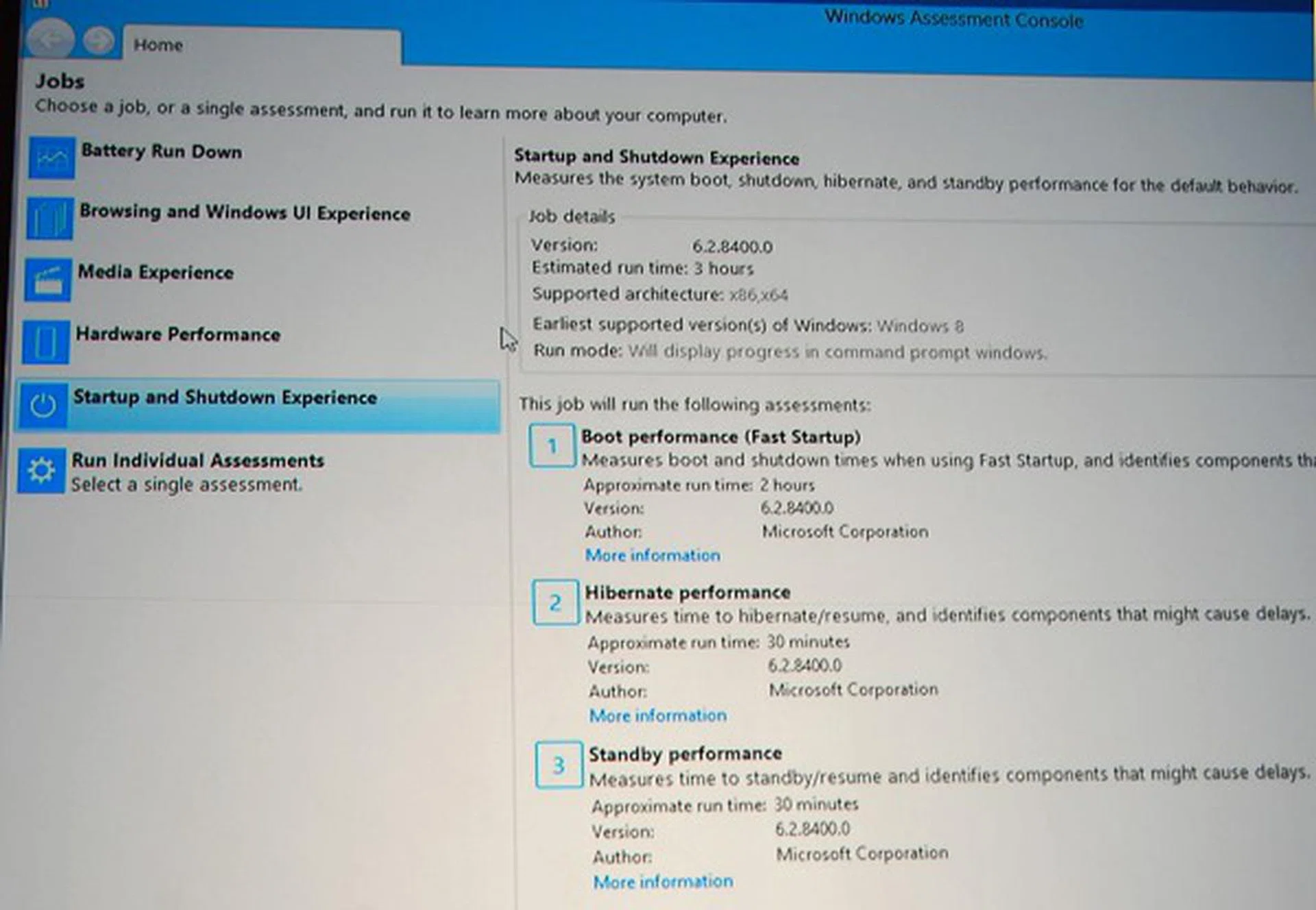 The Windows ADK has a number of useful test suites to check and assess various performance aspects. Seen here are system boot/shutdown related sub-tests.