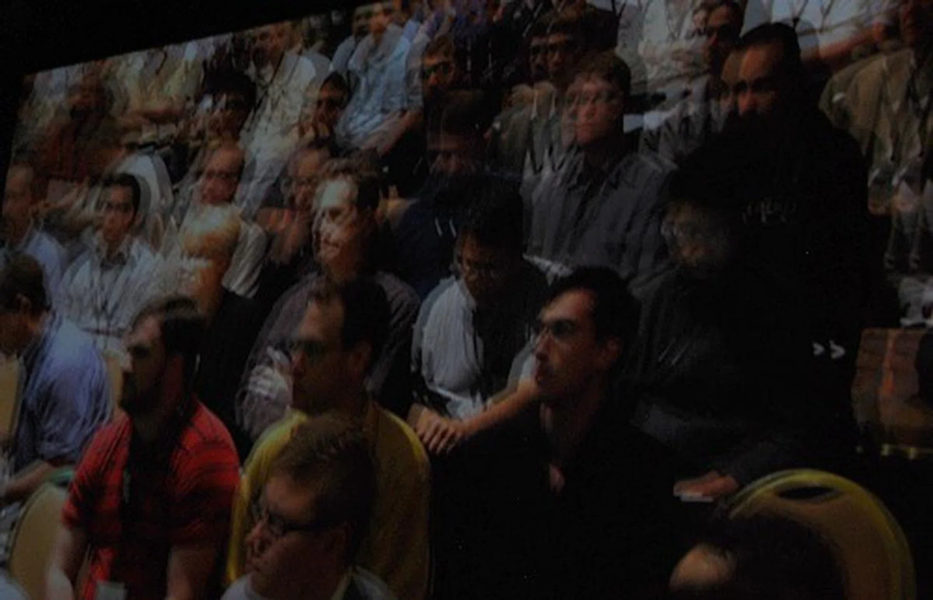 Here's how a 3D photo snap of the folks in the audience looks like when seen on a conventional screen.