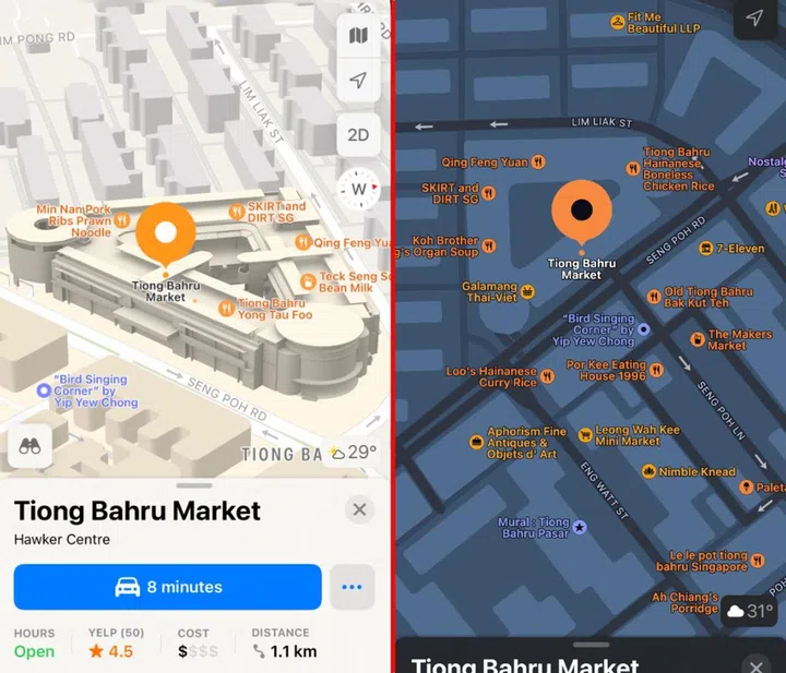 Maps now get 3D buildings and are more detailed. The Maps on the left and the old one is on the right. 