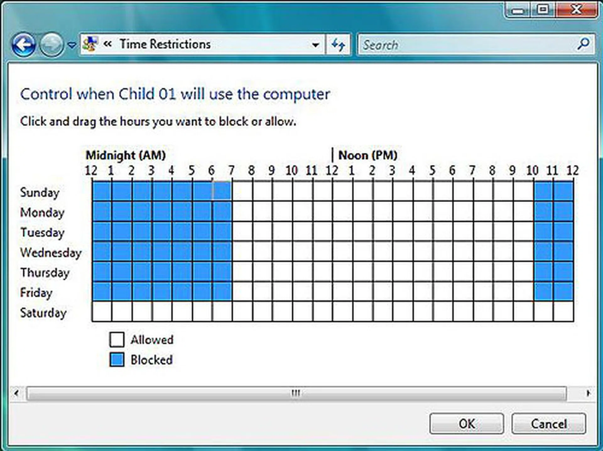 Time Restriction is yet another parental control option, which you can use to control your child's use of the computer - right down to when and how long each session lasts. This is especially useful if you need to keep a tab on their gaming habits.