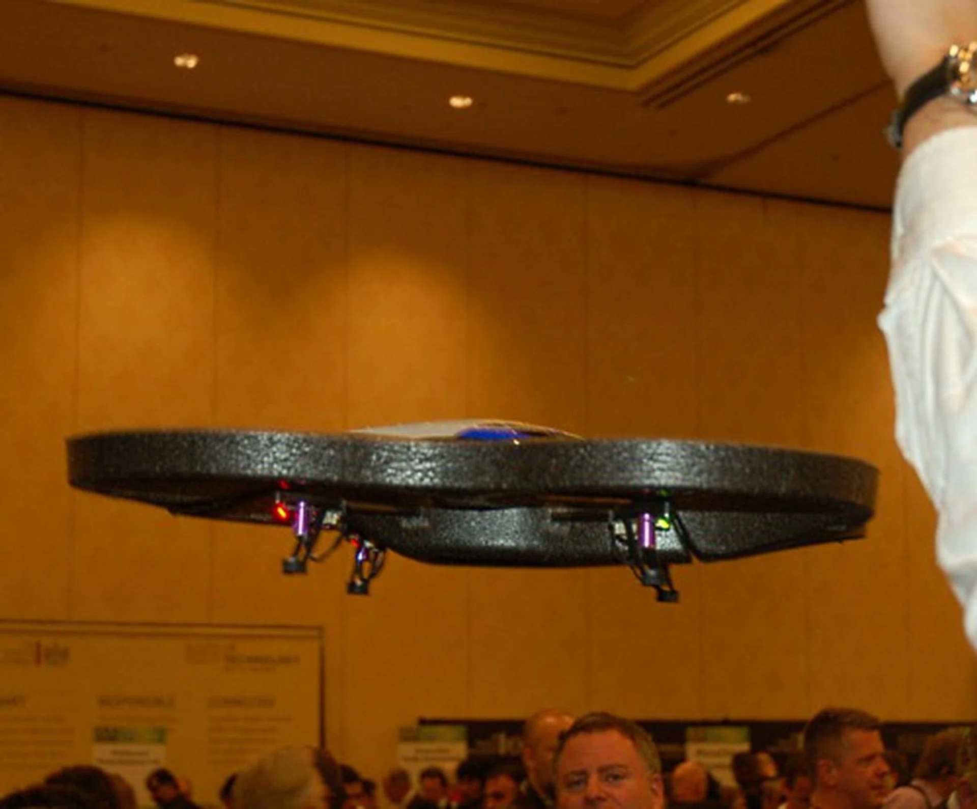 Injecting some excitement at the event, we spotted the Parrot AR.drone, a robot drone that can be piloted by the user remotely with an iPhone or iPod Touch. The developers also claim that it has the potential to be used in Augmented Reality games, due to the mounted cameras. 