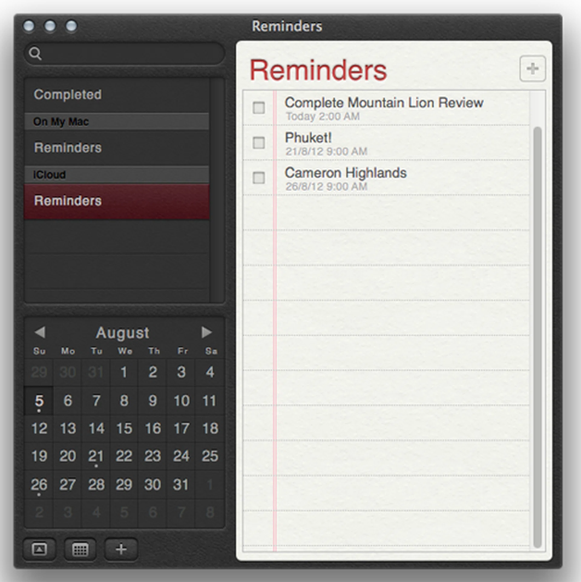 The new Reminders app works just like its iOS counterpart. Note reminders won't show up in your Calendar.