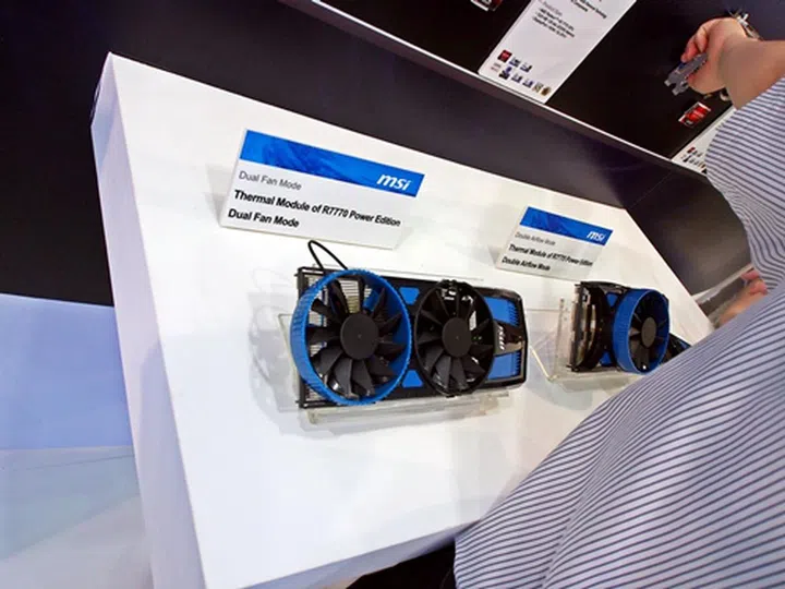 The heatsink finstack of the HD 7770 and HD 7750 Power Edition graphics cards in Dual Fan cooling mode, on display at the MSI booth at Computex 2012.