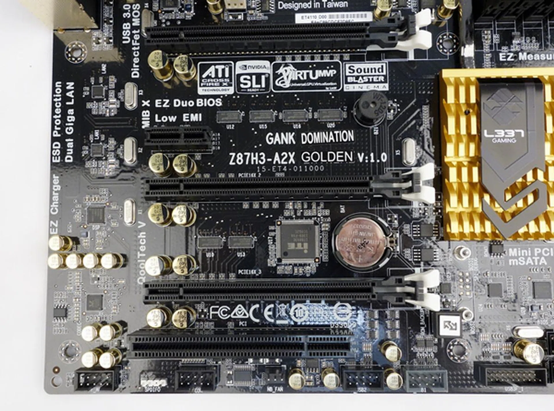 There are three PCIe Gen 3.0 x16 slots (with the white latches), one PCIe 2.0 x1 slot and a lone PCI slot.