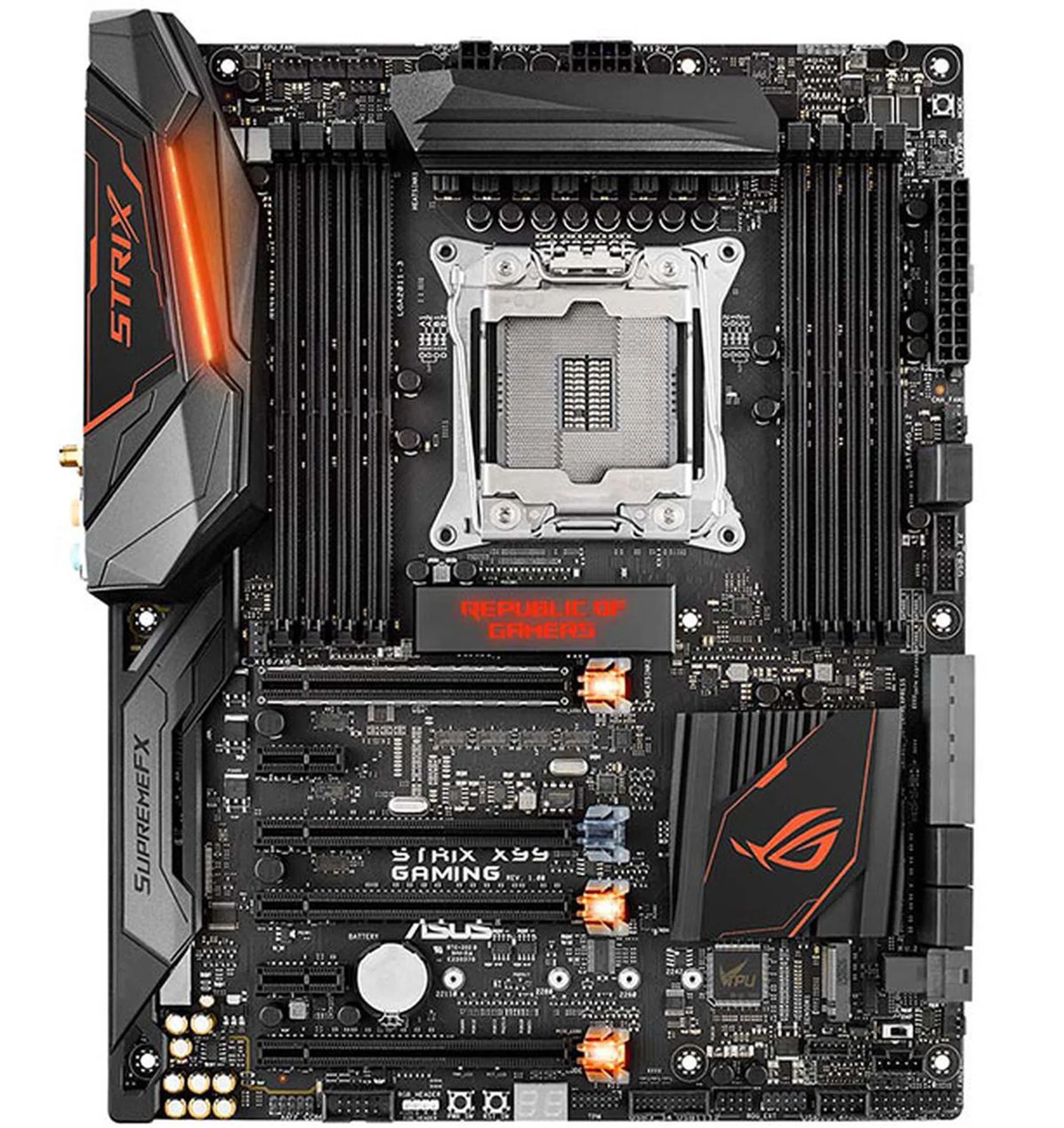 LEDs are located under the I/O cover, PCH heatsink, and the ROG logo in the middle. (Image Source: ASUS)