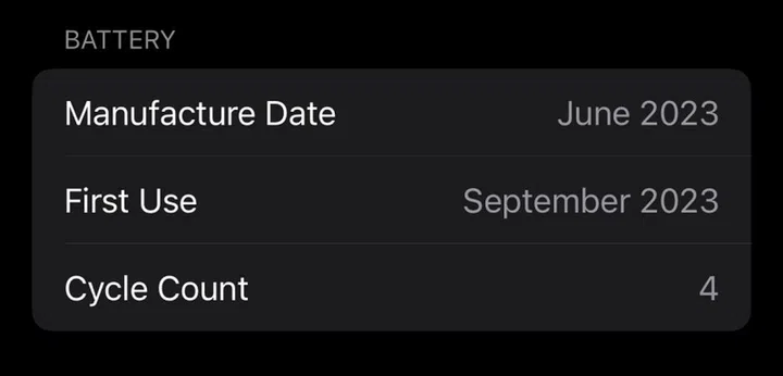 Another metric to gauge the battery health of the Apple iPhone 15. <br>mage source: @raywongy