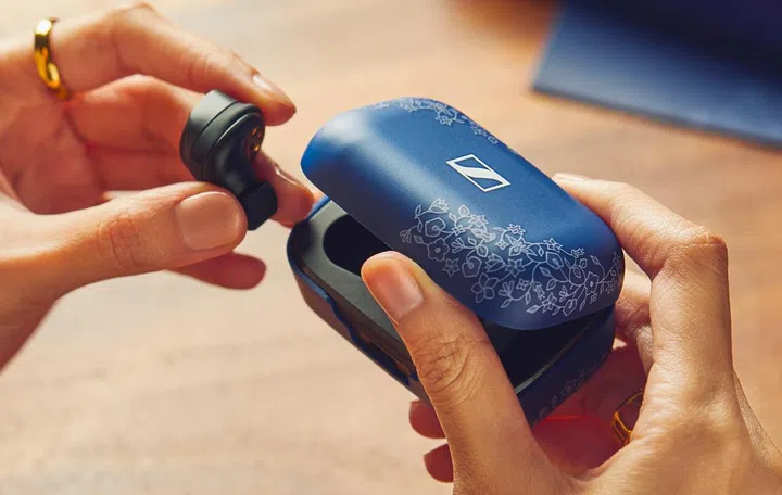The limited edition Sennheiser Momentum True Wireless 3 with the batik print case. (Image source: Sennheiser)