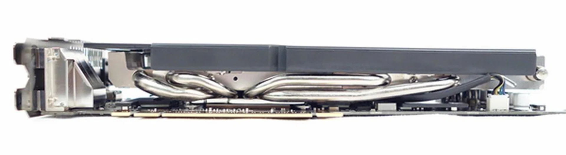 Looking at the bottom of the card, we see four copper heatpipes that draw heat away from the GPU.