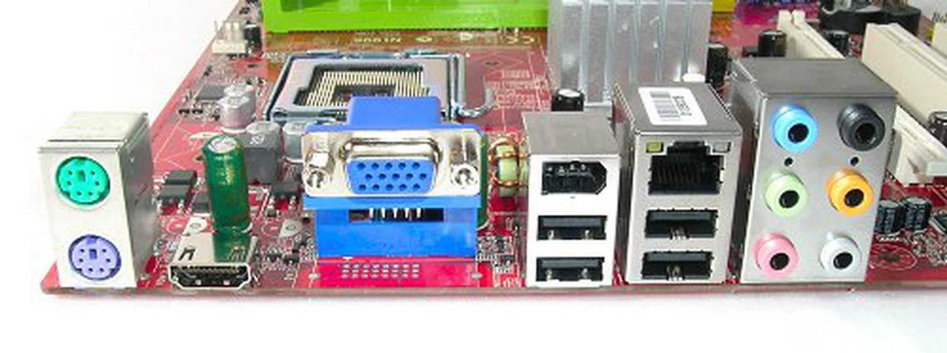 Rear I/O panel includes PS/2 keyboard and mouse ports, one HDMI port, one VGA port, a FireWire port, four USB 2.0 ports, one RJ-45 and analog surround audio. There are no visible S/PDIF ports natively provided by MSI.