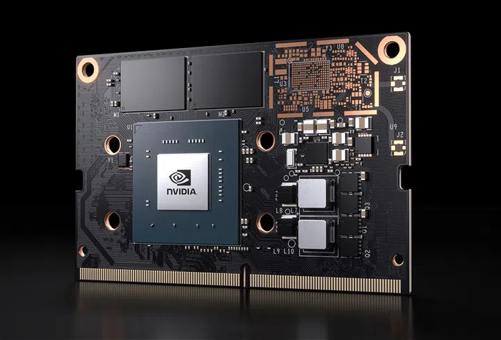 The 45 x 70mm Jetson Nano compute module with 260-pin edge connector. It will be available for US$129, but packed with better hardware than the dev-kit edition.