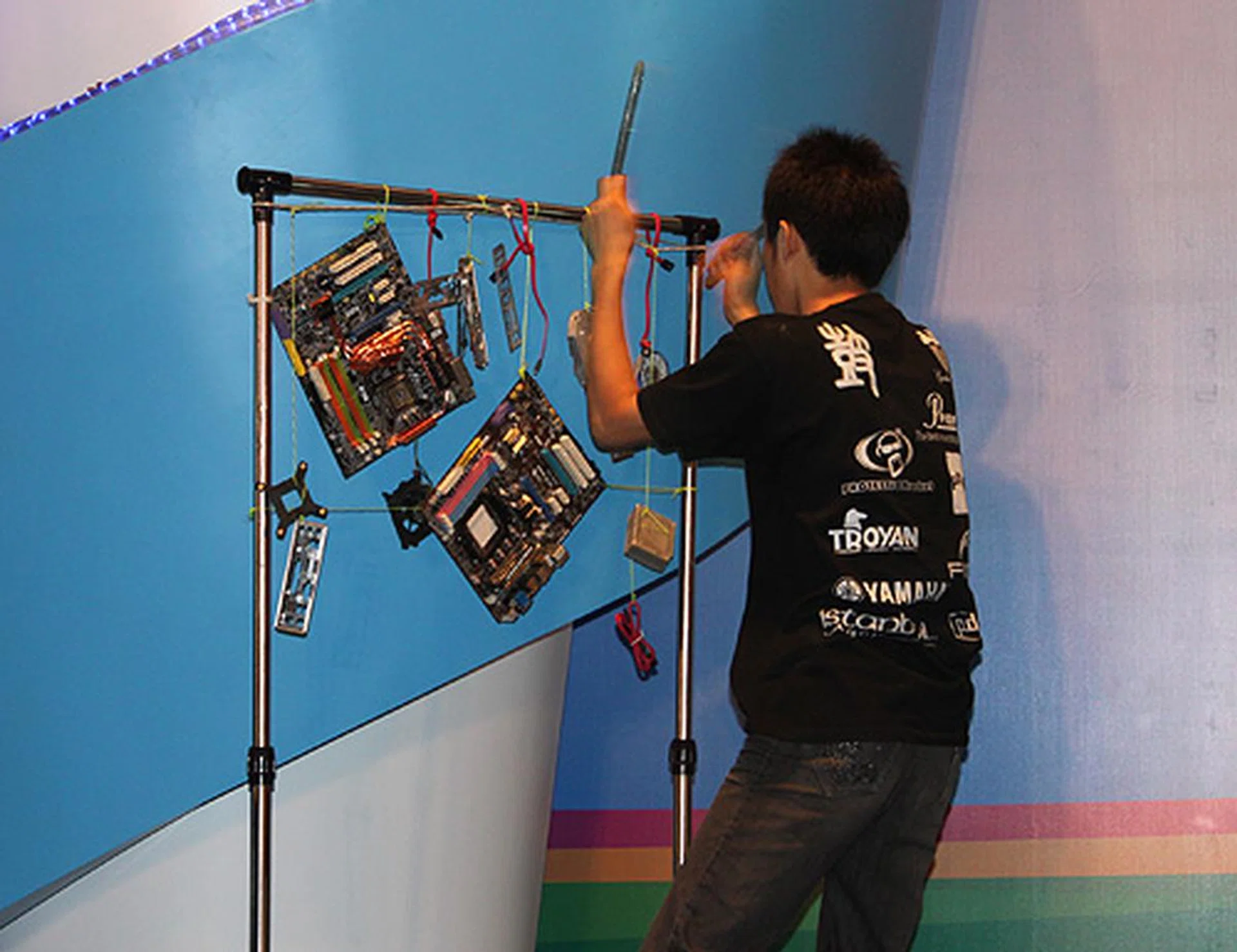 Borrowing from the Stomp, performers here are performing a piece using computer hardware such as motherboards and casings.