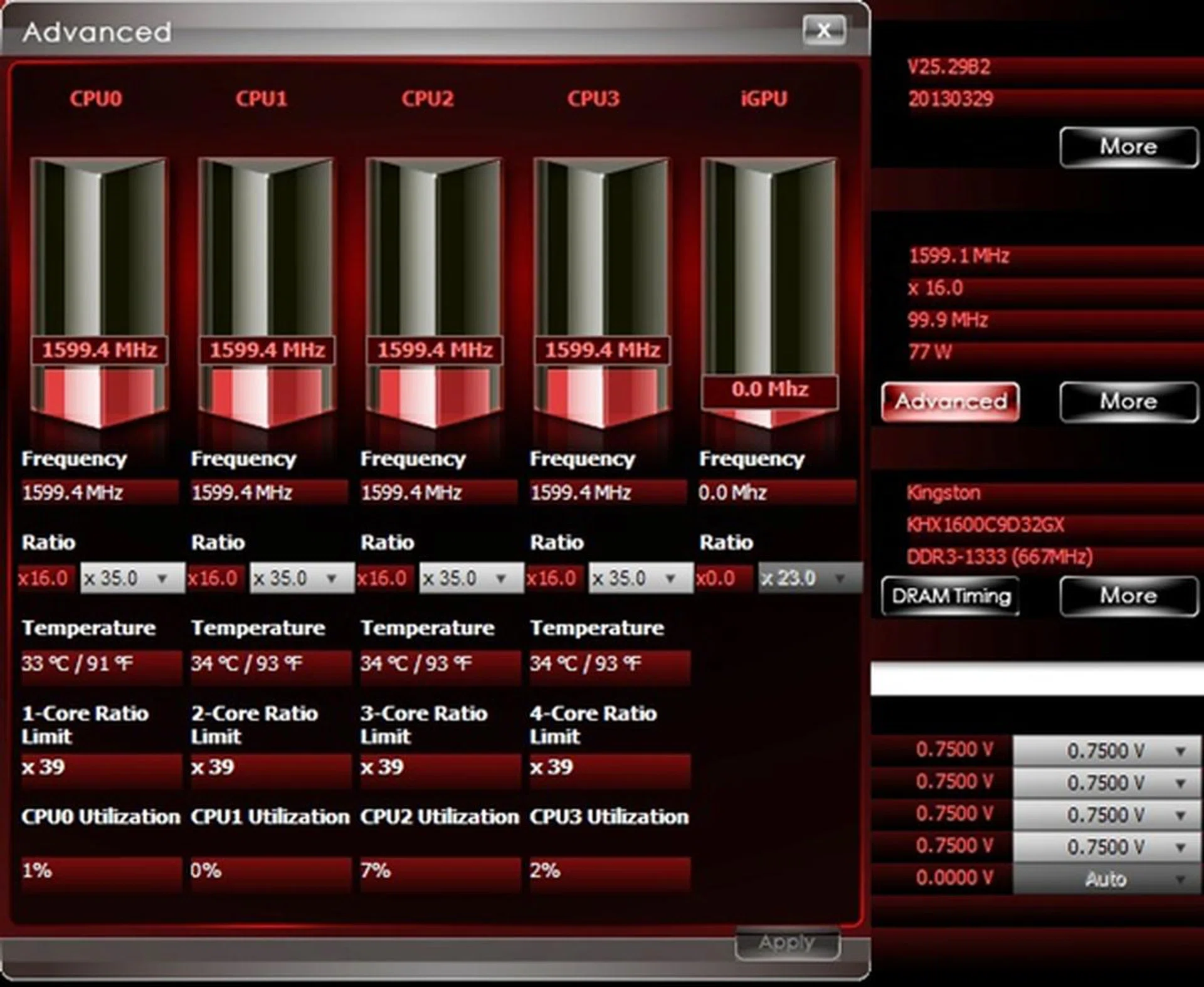 The Advanced menu for the CPU section allowed us to tweak the CPU Ratio for each core in the Windows environment. This would be appreciated by overclockers in their relentless pursuit to push their rigs' performance limits.
