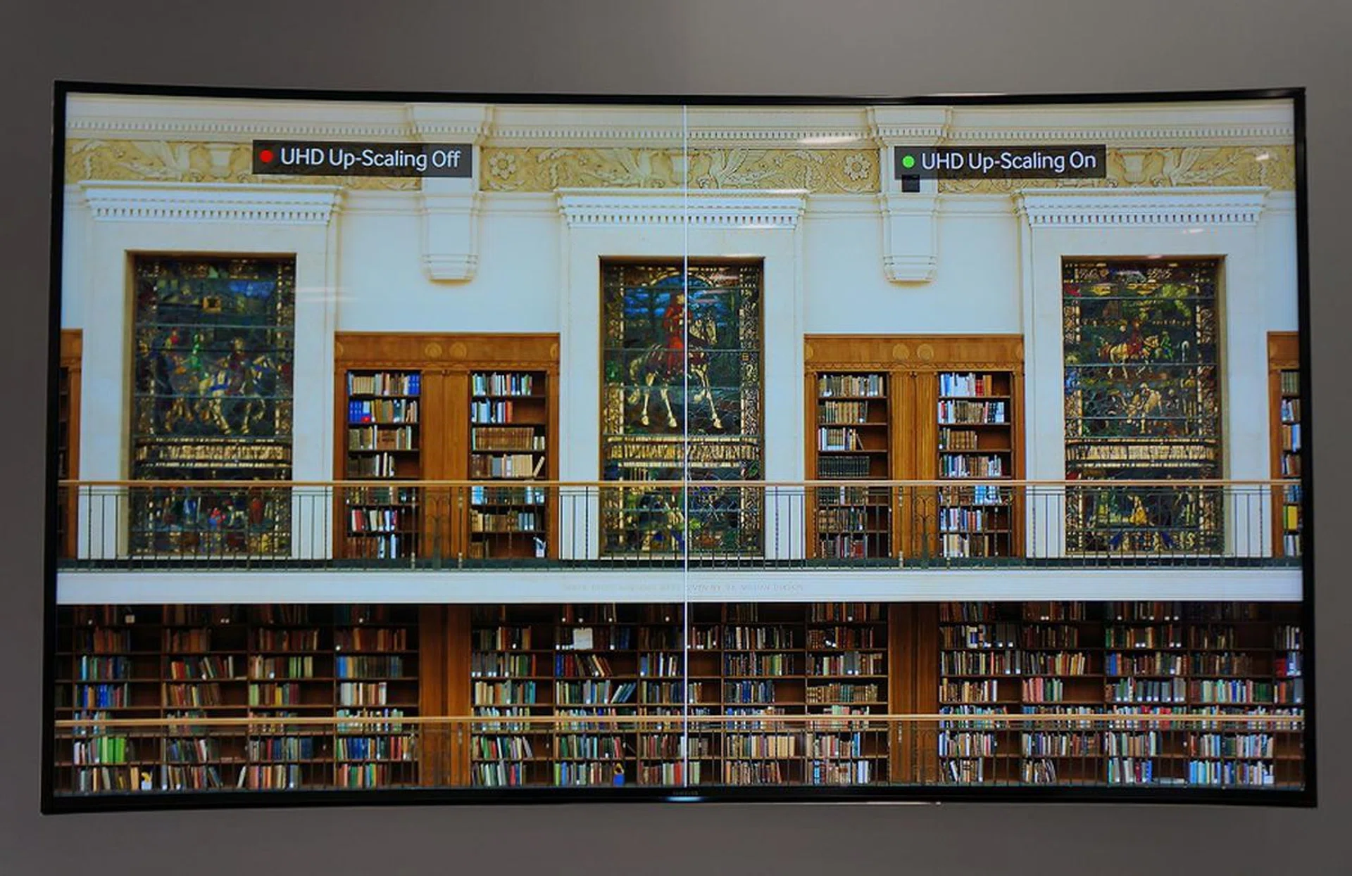 On the left is 1080p content shown as-is, while on the right you see the same content that's upscaled to 4K resolution. Click to view a high resolution shot that shows the differences clearer.