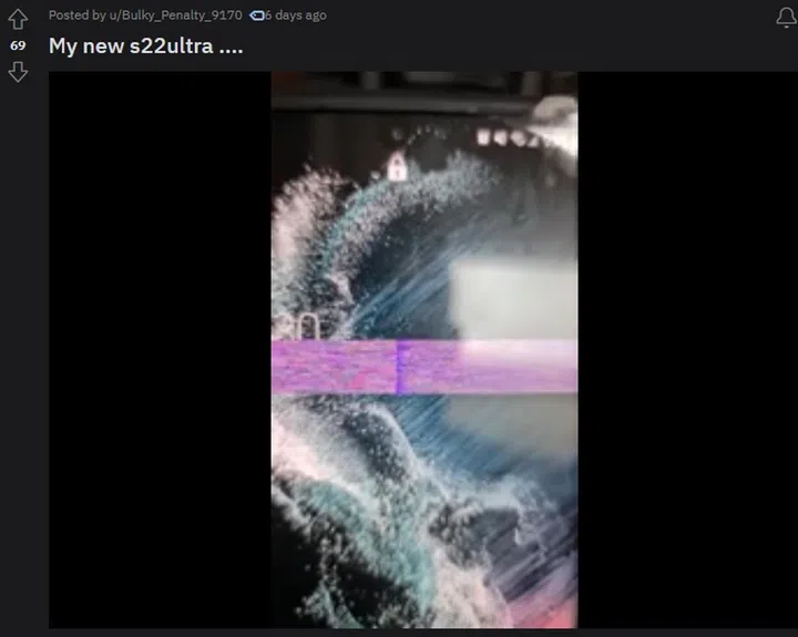 Example of a display glitch seen on an Exynos-backed Galaxy S22 Ultra. Source: user Bulky_Penalty_9170 on Reddit.