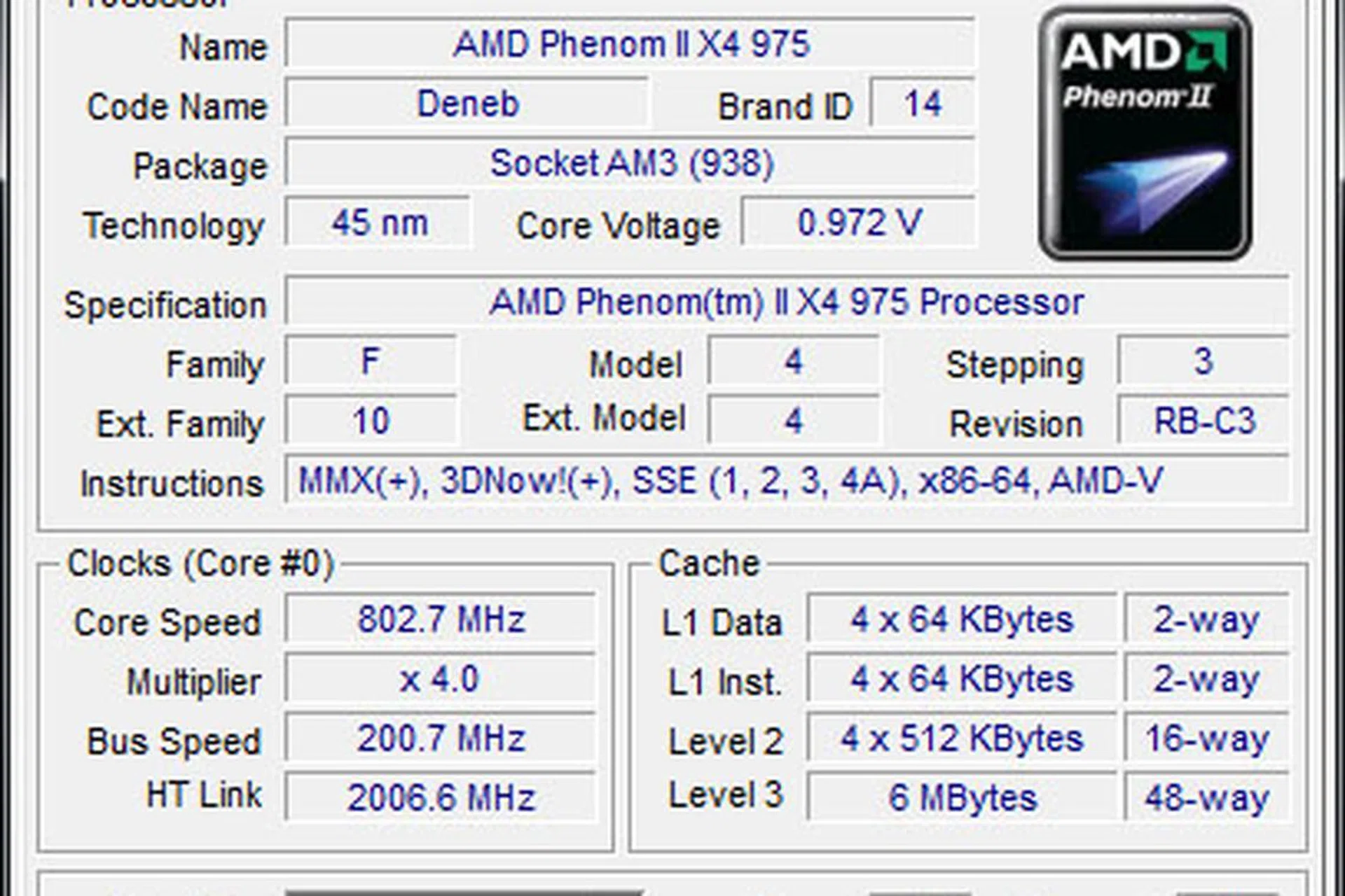 The Phenom II X4 975 BE is clocked at 3.6GHz, but drops to 800MHz during idle.