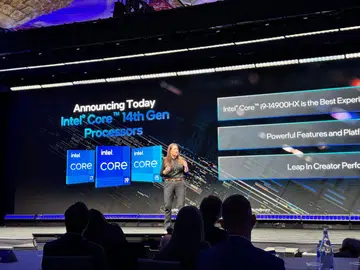 Michelle Johnston Holthaus, Intel's Executive Vice President and General Manager of the Client Computing Group, giving her keynote at the Intel event.