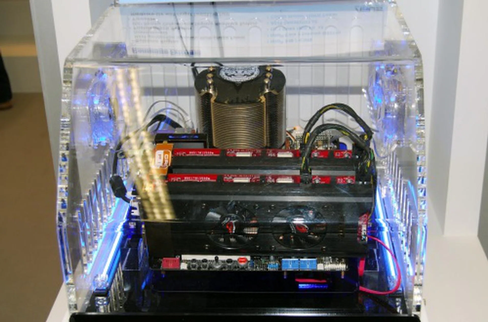  Meant for overclockers, this demo system is running on their Rampage Extreme motherboard which is based on the latest X48 chipset. The system here is using a Intel Core 2 Extreme QX9770, two 1GB OCZ DDR3 1800 RAM sticks and uses two ASUS EAH3870 video cards.  